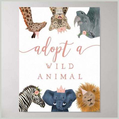 [CommissionsEarned] Fun And Cute Sign For Your Child's Safari Theme Birthday Party! It's An Adoption Center Poster Sign For A Birthday Activity To Adopt Stuffed Animals. Have A Variety Of Stuffed Animals As Party Favors For Kids To Take Home And 'Adopt A Pet.' Features Illustration Of Zoo Animals With Pink Crowns, Party Hats, And Flowers. The Text Says 'Adopt A Wild Animal.' #pinksafaribirthdayparty Pink Safari Birthday Party, Safari Theme Birthday Party, Pink Safari, Animal Party Favors, Pet Adoption Center, Jungle Theme Birthday, Safari Theme Birthday, Zoo Birthday, Adoption Party