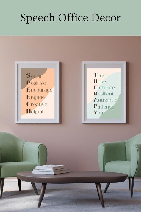 These 2 complementary Speech Therapy posters are ideal for your empty speech room/office walls. Not only will they look beautiful, but they are also meaningful - giving some insight into what the characteristics of Speech Therapy are. As clients wait for their appointment with you, they can read some of the valuable aspects of therapy. Speech Therapist Office, Speech Therapy Clinic Design, Speech Therapy Office Decor, Slp Posters, Speech Therapy Office, Speech Therapy Room Decor, Speech Therapy Posters, Clinic Interior, Therapy Techniques