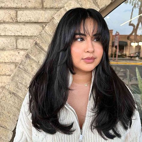 Haircuts Long Hair Round Face, Hairstyle With Layers And Bangs, Long Round Layers Haircut With Curtain Bangs, Bangs Long Straight Hair Round Face, Face Framing Haircut For Long Hair Side Part, Layer Haircut Bangs, Hair Cuts Long Hair Layers Bangs, Front Layers With Bangs, Big Bangstyle Hair