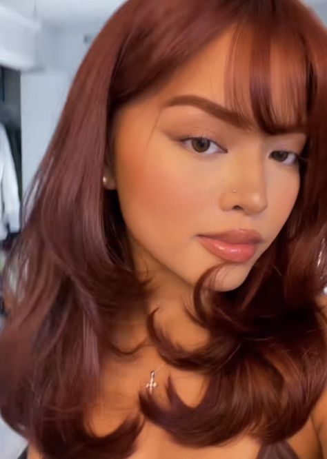 Bronze Orange Hair, Ginger Hair On Filipino, Tan Skin With Ginger Hair, Auburn Hair Color Tan Skin, Dark Auburn Hair Tan Skin, Hair Color Tan Skin Asian, Copper Brown Hair Tan Skin, Colored Hair On Tan Skin, Mahogany Brown Hair Color Black Women