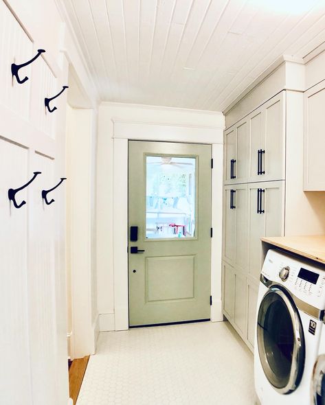 Cabinets - Kitchencraft in Drizzle, Tile - white hexagonal, Ex Large Coat & Hat hooks - House of Antique Hardware, Wall Paint - Benjamin Moore Cotton Balls. Laundry Room To Kitchen Transition, Drop Zone And Laundry Room, Laundry Room Attached To Garage, Adding Laundry Room To House, Mudroom Off Of Garage, Laundry Room Connected To Garage, Laundry Room Bump Out Addition, Laundry Room Breezeway, Breezeway Laundry Room