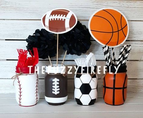 Football Centerpiece Vase, Jar Room Decor, Sports Themed Centerpieces, Concessions Banner, Snoopy Baby Shower, Sports Centerpieces, Sports Baby Shower Theme, Sports Baby Shower, Sports Theme Birthday