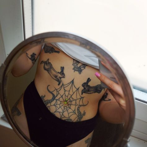 Animal tattoos on torso Rabbit Stomach Tattoo, Animal Stomach Tattoos, Stomach Tattoos, Animal Tattoos, Dreamcatcher Tattoo, Tatting, Tattoo Ideas, Tattoos, Quick Saves