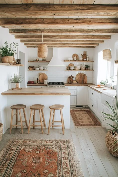 29 Modern Boho Kitchen Ideas to Bring Color and Texture into Your Space 16 Modern Boho Kitchen Ideas, Best Greige Paint, Best Greige, Modern Boho Kitchen, White Wood Kitchens, Boho Kitchen Ideas, Sustainable Lighting, Boho Kitchens, Adobe Home