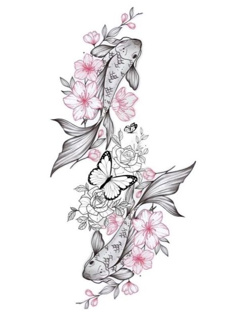 Koi Fish And Flowers Drawing, Fish And Flower Drawing, Cute Tattoos Ideas For Females, Garden Theme Sleeve Tattoo, Koi Fish Tattoo Thigh Lotus Flowers, Tattoos For Women Thigh Unique, Collar Bone Tattoo Big, Girly Japanese Tattoo, Tropical Tattoo Ideas For Women