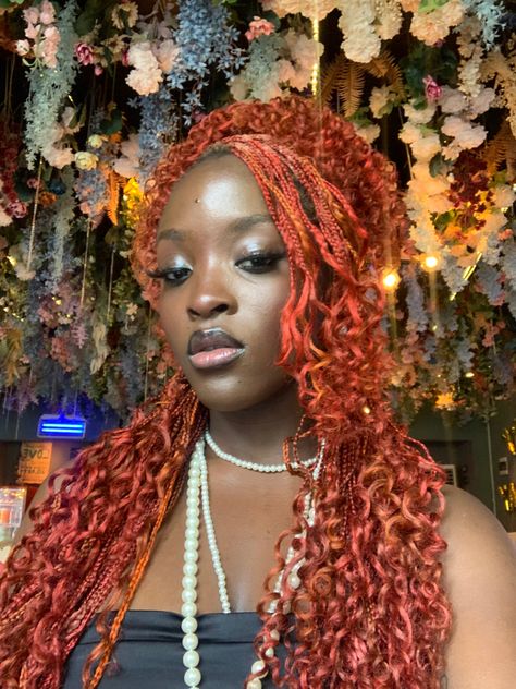 Pick And Drop Braids Red, Orange Braids With Curls, Orange Braids With Beads, Crinkle Braids, Red Orange Braids, Red And Orange Braids, Ginger And Pink Braids, Orange Braids For Black Women, Red French Curl Braids