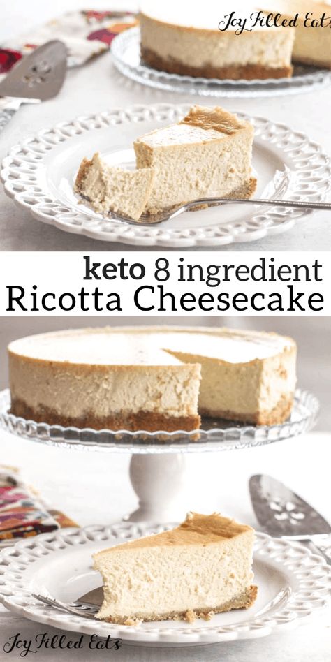 Vanilla Ricotta Cheesecake - Low Carb, Keto, THM S, Grain-Free, Gluten-Free, Sugar-Free - This ricotta cheesecake is rich and creamy. If you’ve never tried ricotta in a cheesecake it works really well. It makes a lighter cheesecake than just using cream cheese. With just 8 simple ingredients I'm sure this will be your new favorite keto cheesecake! #lowcarb #keto #cheesecake #thm #trimhealthymama #ketodessert #lowcarbdessert #glutenfree #grainfree #sugarfree Using Cream Cheese, Dolce Poche Calorie, Light Cheesecake, Biscotti Cheesecake, Pudding Chia, Ricotta Cheesecake, Desserts Keto, Postre Keto, Joy Filled Eats