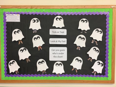 Halloween ghosts bulletin board. Ghost Bulletin Board Ideas, Ghost Bulletin Board, Halloween Door Decorations Classroom, October Preschool, Preschool Boards, Halloween Bulletin Boards, Classroom Idea, Halloween Preschool, Fun Cards