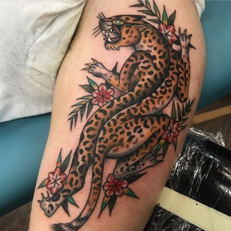 by Gianna Phillips #traditionaltattoo #traditionaltattoos #leopard #tattoo Leopard Print Tattoos, Cheetah Tattoo, 30 Tattoo, Leopard Tattoo, 50 Tattoo, Jaguar Tattoo, 10 Tattoo, Traditional Tattoo Inspiration, Leopard Tattoos