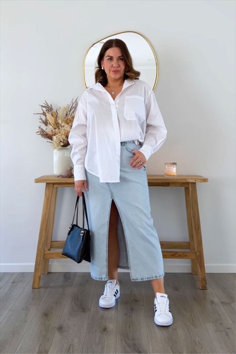 Dad Shirt curated on LTK White Button Down Shirt Skirt Outfit, Denim With White Shirt, White Shirt And Long Skirt Outfit, White Jeans Skirt Outfit, White Shirt And Skirt Outfit, White Shirt And Denim Skirt, Shirt Skirt Outfit, Button Down Outfit, Outfit For Church