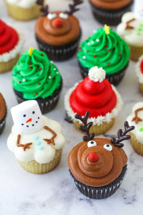 Learn how to make these festive decorated Christmas Cupcakes! With four different ways to decorate them, they are easy to make and so cute for Christmas parties! Make your cupcakes and buttercream, and decorate based on the instructions and video and these will be a favorite in no time! Festive Cupcakes, Easy Christmas Cupcakes, Tree Cupcakes, Santa Cupcakes, Reindeer Cupcakes, Christmas Cupcakes Decoration, Xmas Baking, Christmas Tree Cupcakes, Decorated Cupcakes