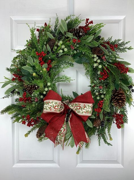 Homemade Christmas Wreaths, Christmas Greens, Front Door Christmas, Porch Wreath, Christmas Wreath For Front Door, Christmas Wreaths Diy Easy, Olive Branches, Deco Wreaths, Christmas Door Wreaths