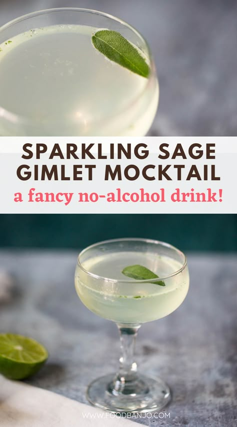 sparkling sage gimlet mocktail Simple Mocktail, Mock Cocktails, Gimlet Recipe, Mocktail Party, Holiday Party Drinks, Mocktail Bar, Easy Mocktail Recipes, Nonalcoholic Drinks, Alcohol Free Drinks