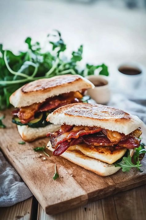 Honey Toasted Halloumi & Bacon Sandwiches with Marinated Veggies Bacon Breakfast Sandwich, Marinated Veggies, Bacon Sandwiches, Ciabatta Rolls, Salami Sandwich, Ciabatta Roll, Halloumi Cheese, Marinated Vegetables, Grilled Halloumi