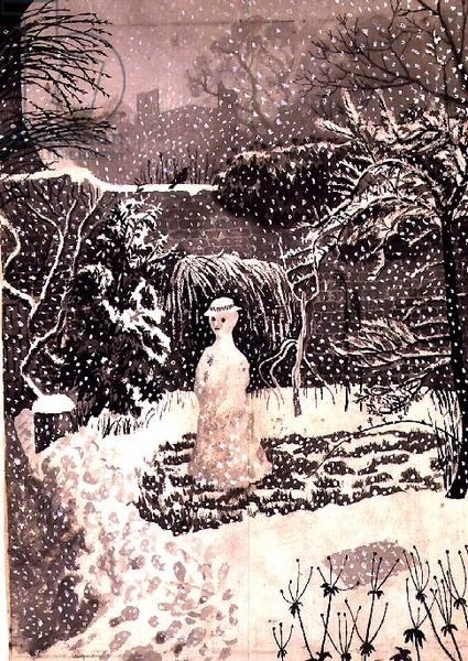 'Snow-woman' watercolour by Tirzah Garwood  (Ravilious) Images Of Snowflakes, Spencer Sutherland, Fairytale Books, Joan Eardley, Edward Bawden, John Minton, Art Camera, Snow Illustration, Costume Illustration