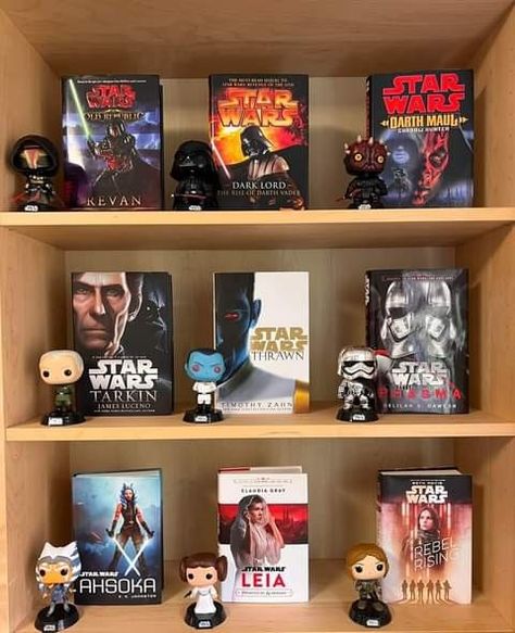 Star Wars Book Collection, Star Wars Book Display, Star Wars Bedroom Aesthetic, Star Wars Room Decor Aesthetic, Star Wars Bookshelf, Star Wars Funko Pop Display, Star Wars Aesthetic Room, Star Wars Display Ideas, Star Wars Bedroom Ideas For Adults