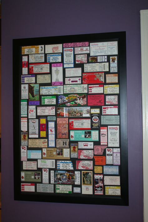 We finally found a place for all the ticket stubs we've saved over the years. Ticket Display Ideas, Ticket Stubs Display, Concert Tickets Display, Ways To Display Concert Tickets, Ticket Stub Ideas, Concert Ticket Wall Decor, Ticket Memory Ideas, Display Ticket Stubs, Concert Ticket Stubs Display