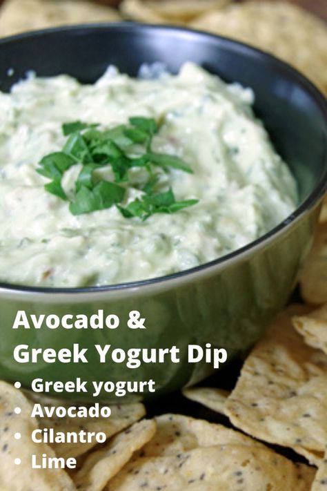 Avocado & Greek Yogurt Dip Recipe with cilantro, jalapeno and lime Recipe With Cilantro, Recipe Guacamole, Greek Yogurt Dip, Avocado Recipes Healthy, Yoghurt Dip, Homemade Guacamole Recipe, Cilantro Recipes, Greek Yogurt Dips, Guacamole Recipe Easy