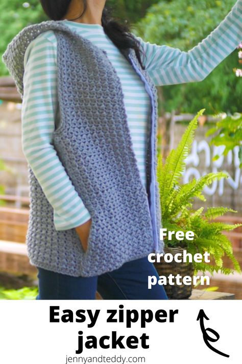 Crochet Vest Jacket, Crochet Sleeveless Cardigan Pattern Free, Crochet Jacket Pattern Free, Crochet Vest Pattern Free Easy, Crochet Sleeveless Cardigan, Easy Crochet Vest, Crochet A Cardigan, Free Crochet Jacket Patterns, Zipper Crochet