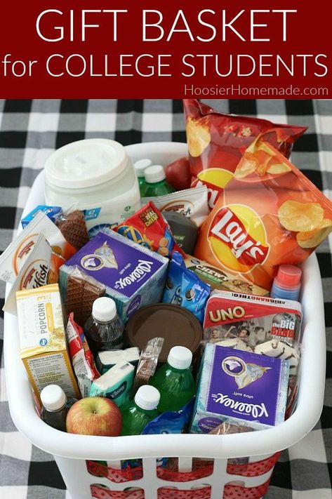 Gift Basket for College Student #college #giftbasketidea #giftidea #collegestudent Gift Basket For College Freshman, Off To College Basket, Dorm Gift Basket, High School Graduation Gift Basket, College Basket, College Gift Baskets, Graduation Gift Basket, College Dorm Gifts, Dorm Gifts