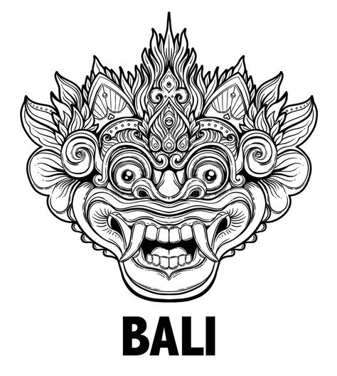 Barong. Traditional ritual Balinese mask. Vector decorative ornate outline illustration isolated. Hindu ethnic symbol, tattoo art. Yoga, Bali spiritual design royalty free illustration Balinese Mask, Balinese Tattoo, Barong Bali, Tattoo Perna, Yoga Tattoos, Mask Drawing, Fu Dog, Bicep Tattoo, Outline Illustration