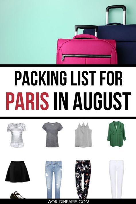 Suitcases and outfits for Paris in August - Text reads Packing List for Paris in August What To Wear In Paris In August, Paris Packing List Summer, Packing List For Paris, Packing List Summer, Paris Travel Outfits, What To Pack For Paris, 5 Days In Paris, Paris In August, Paris Packing List