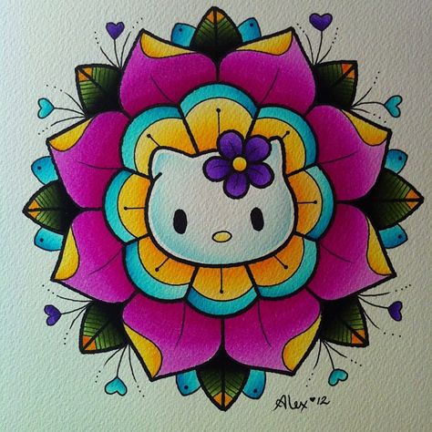 Hello Kitty With Flowers, Alex Strangler, Flowers Tattoos, Hello Kitty Images, Painted Plant Pots, Kitty Drawing, Traditional Tattoo Art, Hello Kitty Drawing, Hello Kitty Art