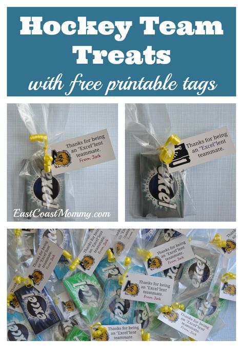 These team treats are easy, inexpensive, and soooo clever! #hockeymom #teamtreats Hockey Treats, Team Treats, Hockey Birthday Parties, Hockey Crafts, Hockey Team Gifts, Hockey Coach Gifts, Hockey Tournament, Hockey Decor, Hockey Room