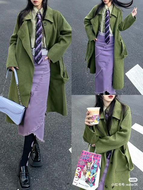 Green Female Outfits, Pistachio Color Combination, Purple And Green Aesthetic Outfit, Purple And Green Fashion, Blue And Green Outfit Aesthetic, Purple Color Combinations Outfit, Purple Themed Outfits, Purple And Green Outfits, Purple Green Outfit