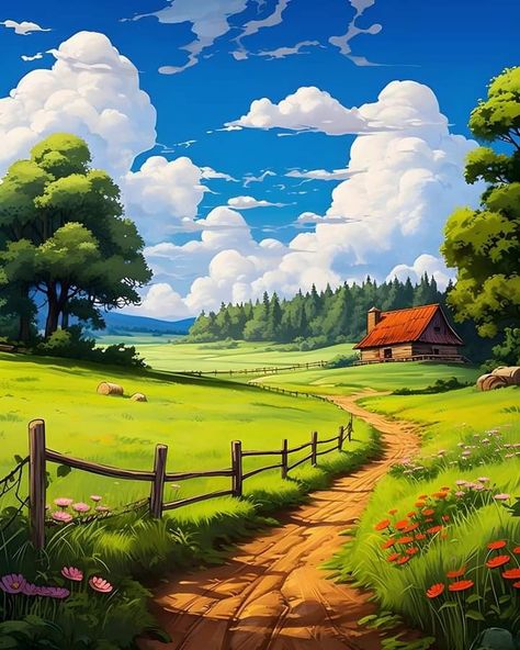 Farm Paintings, Countryside Landscape, Cottage Art, Spring Landscape, Image Name, Landscape Artwork, Nature Art Painting, Landscape Scenery, Rural Life