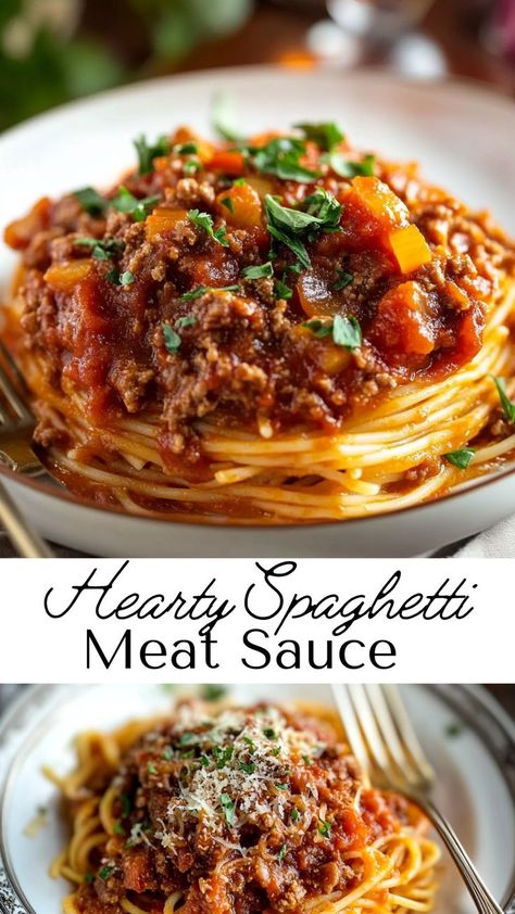 Enjoy a classic Italian favorite with this Hearty Spaghetti Meat Sauce. Rich in flavor, it combines ground beef, fresh tomatoes, and Italian herbs to create the perfect pasta sauce. A great option for easy, cozy family dinners. Italian Red Meat Sauce Recipe, Italian Pasta Dishes Red Sauce, Hearty Meat Sauce, Ground Beef Sauce Pasta, Spaghetti Sauce With Pork Chops, Spaghetti Serving Ideas, Meat Sauce With Vegetables, Meat Sauce In Crockpot, Hearty Spaghetti Sauce