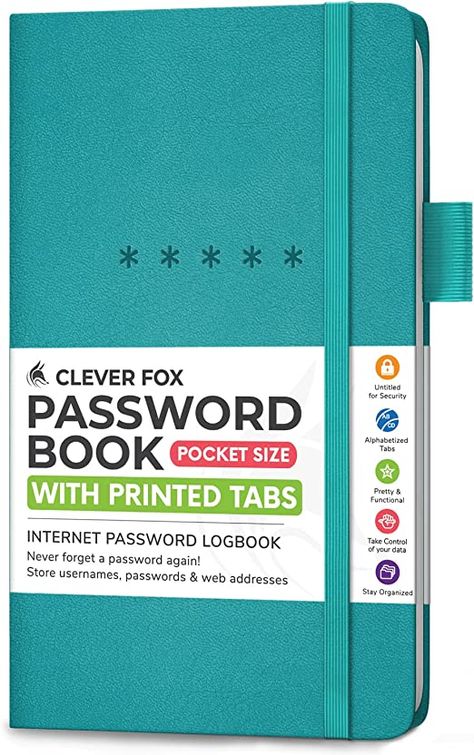 Password Organizer Notebook, Password Book Ideas, Password Organization, Turquoise Office, Password Notebook, Password Journal, Computer Website, Password Book, Good Passwords