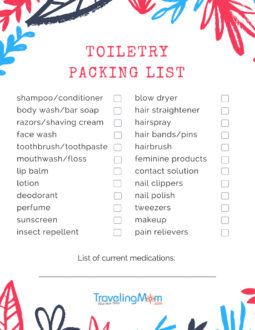 Packing Tips: How to Pack a Suitcase in 29 Minutes | TravelingMom Toiletry Travel List, Holiday Toiletries List, Toiletry Checklist, Toiletries Packing List Travel, Toiletry Packing List, Toiletries Packing List, Toiletries Packing, Camp Packing, Suitcase Packing Tips