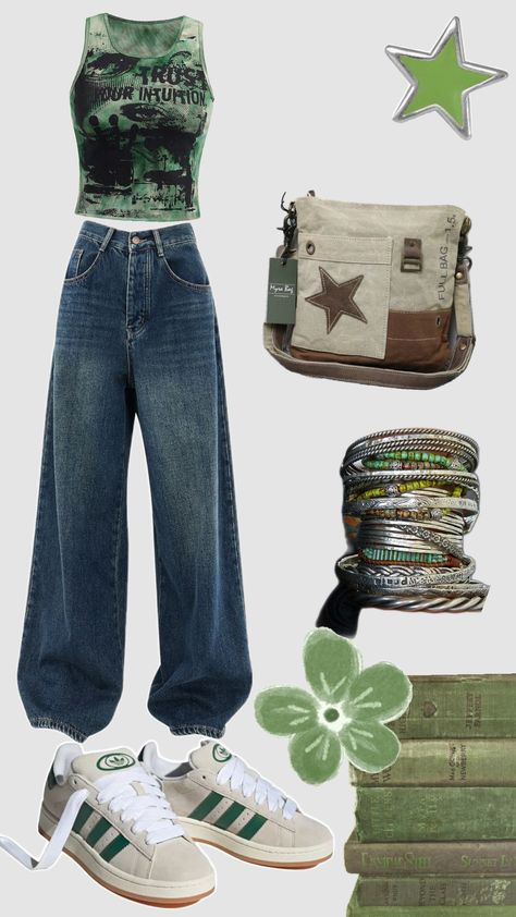 green fit 2000s Green Outfit, Y2k Fashion Green, Green Tomboy Outfits, Green Emo Outfits, Glass Animals Concert Outfit, Green Day Concert Outfit, Green Concert Outfit, Green Y2k Outfit, Tyler Concert