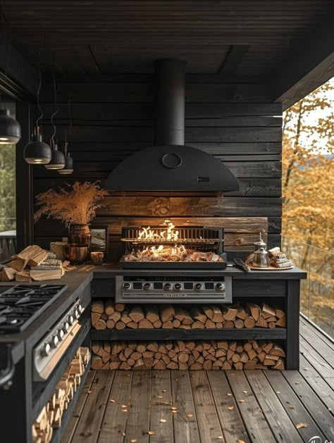 Outdoor Kitchen With Wood, Outdoor Bbq, Deck Decorating, Backyard Patio Designs, Outdoor Kitchen Design, Dream House Decor, Barn House, Outdoor Design, Modern House Exterior