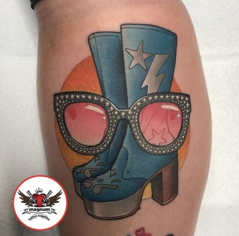 Elton John Tattoo, Boots Tattoo, John Tattoo, Kewpie Tattoo, David Bowie Tattoo, Crocodile Rock, Rock Tattoo, Aids Hiv, Tattoo Supplies