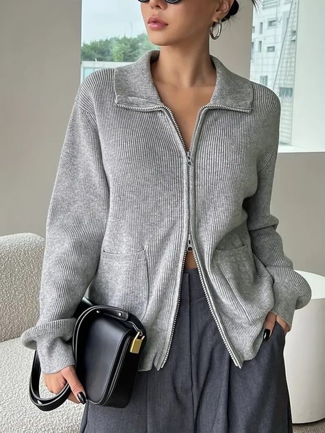 Front Collared Cardigan Modern Long Sleeve - Temu Canada Korean Style Outfits, Shoulder Cardigan, Budget Outfits, Drop Shoulder Cardigan, Grey Style, Late Fall, Collar Cardigan, Preppy Outfit, Paris Street Style