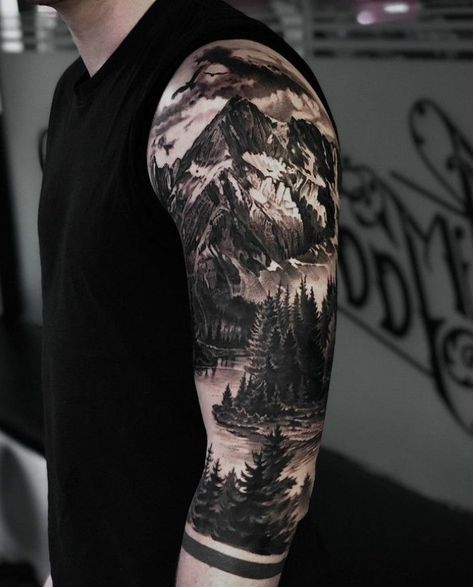 Nature Tattoo Shoulder, Nature Sleeve Tattoo For Men, Wilderness Tattoo Sleeve, Mountain Tattoo Sleeve, Nature Sleeve Tattoo, Mountain Sleeve Tattoo, Forest Tattoo Sleeve, Arm Cover Up Tattoos, Natur Tattoo Arm