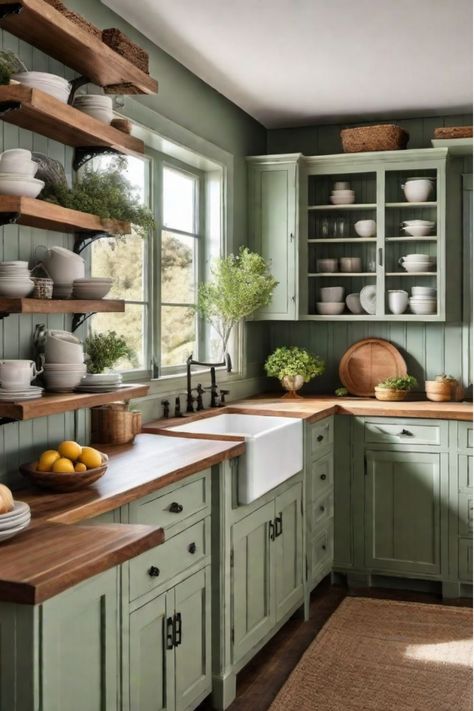 Farmhouse Islands In Kitchen, Sage Green Kitchen Cabinets Rustic, New Build Kitchen Cabinet Ideas, Butcher Block Countertops Sage Cabinets, Sage Green And Cream Kitchen Cabinets, Green Kitchen Cabinets Grey Walls, Craftsman Kitchen Remodel Ideas, Kitchen Rectangle Layout, Cozy Kitchen Inspiration