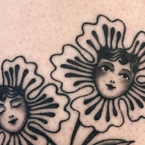 Tattoos In The 70s, Lady Face Flowers Tattoo, American Trad Flower Tattoo, Traditional Style Floral Tattoo, Face In Flower Tattoo, Thick Flower Tattoo, Weird Flower Tattoo, Art Nouveau Flower Tattoo, Flowers With Faces Tattoo