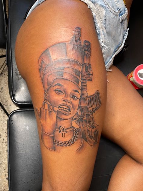 Leg tattoo Nefertiti tattoo African Princess Tattoo, Black Goddess Tattoos For Women, Nephertiti Tattoo, Queen Nefertiti Tattoo Black Women, Nefertiti Tattoo Black Women, African Goddess Tattoo, Leg Tattoo Stencil, Nefertiti Tattoo Design, Leg Tattoos Women Thigh