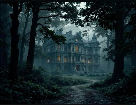 Gothic Mansion Art, Victorian House In The Woods, Dark Fantasy Mansion, Swamp Mansion, Old Mansion Aesthetic, Dark Goth Academia, Manor In The Woods, Forest House Aesthetic, Mythological Aesthetic