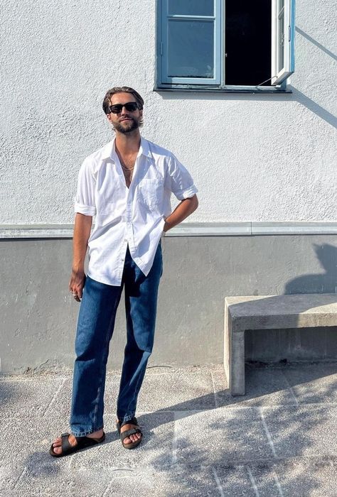 Birkenstock Mens Outfit, Coastal Grandpa Outfits Men, Copenhagen Style Men, South Of France Outfits, Grey Birkenstocks, Italy Outfits Men, Men's Summer Outfits, Linen Shirt Outfit, Vacation Outfits Men