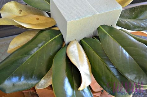 How+to+Make+a+Fall+Centerpiece+With+Magnolia+Leaves Magnolia Leaves Centerpiece, Magnolia Centerpiece, Diy Wainscoting, Diy Blanket Ladder, Simple Crafts, Magnolia Wreath, Magnolia Leaves, Crafts Kids, Floral Foam