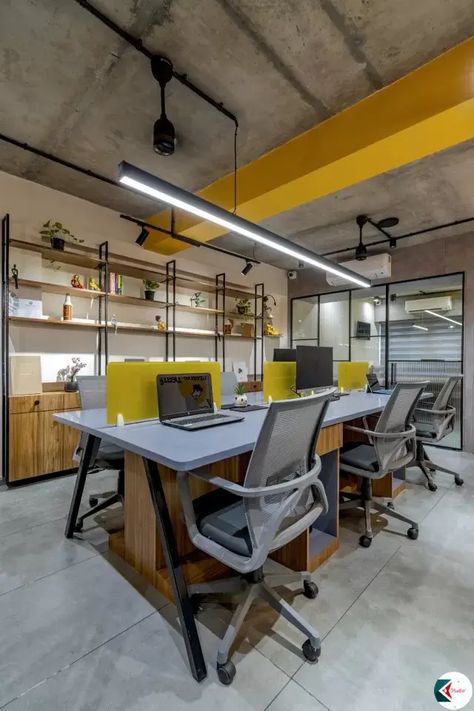 Boisterous Hues And Utilitarian Traits Amp Up This Modern-Day Workspace | Kstudio Designs - The Architects Diary Moodboard Office, Engineer Office, Institute Design, Architect Office Interior, Workstation Design, Office Floor Plan, Corporate Interior Design, Office Ceiling, The Architects Diary