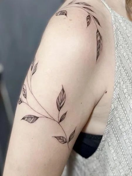 Vine Shoulder Tattoo Vine Shoulder Tattoo, Shoulder Vine Tattoo, Beautiful Shoulder Tattoos, Jasmine Tattoo, Flower Vine Tattoos, Tree Tattoo Arm, Front Shoulder Tattoos, Shoulder Cap Tattoo, Clavicle Tattoo