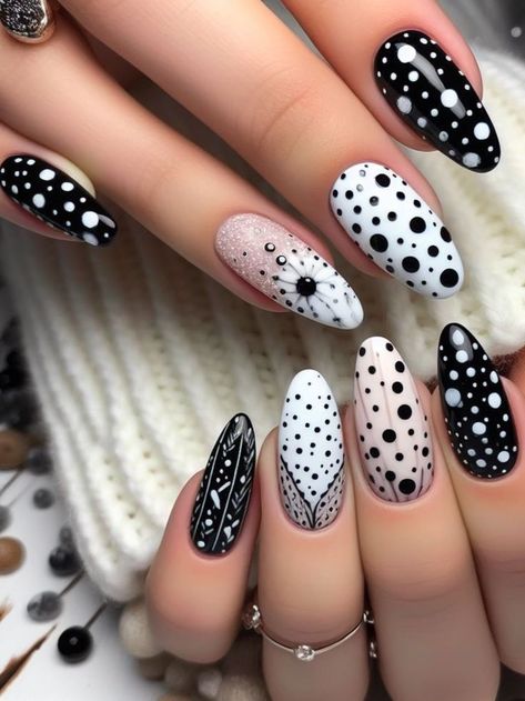 A whimsical black and white nail design featuring tiny polka dots and playful patterns, adding a touch of fun to the fingertips Black And White Nail Patterns, Polka Dots Nails Design, Black And White Dot Nails, Black And White Nail, Black And White Nail Designs, Polka Dot Nail Designs, Yellow Nails Design, Popular Nail Art, Sleep Token