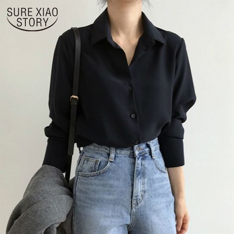 Black Chiffon Blouse, Estilo Harajuku, Satin Bluse, Chic Tops, Casual Chique, Casual Shirt Women, Shirts Women Fashion, Blouse Long Sleeve, Black Chiffon