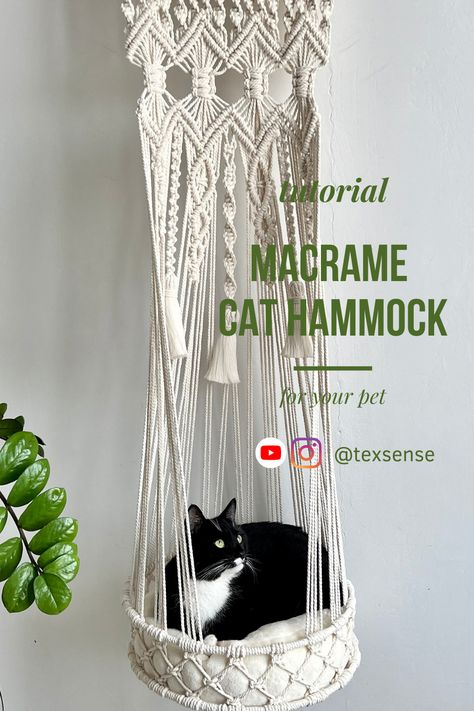 Cat Hammock Pattern, Cat Hammock Tutorial, Macrame Hammock Pattern, Diy Cat Hammock, Cat Bed Pattern, Macrame Cat Hammock, Diy Cat Bed, Katt Grejer, Chat Diy