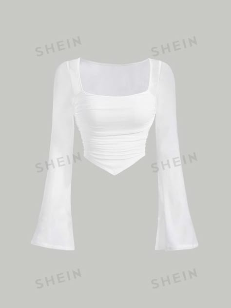 SHEIN MOD White Spring Break Flare Sleeve Square Neck Ruched Hanky Hem Tee | SHEIN USA White Top Aesthetic, Cute White Shirt, Quince Tops, Shein Shirts, Cute White Shirts, Need Outfits, Collage Cutouts, White Shirt Outfits, Tøp Aesthetic